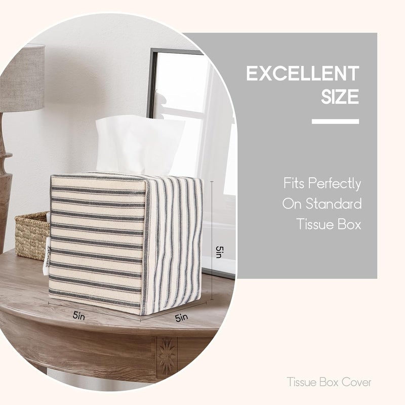 LeCorner Tissue Box Cover, Fabric Tissue Box Holder Square, Stylish Toilet Paper Storage, Modern Bathroom Counter Organizer Decorations Accessories,Ticking Stripe 5''x5''x5'' (Pastel Grey) - Image 2